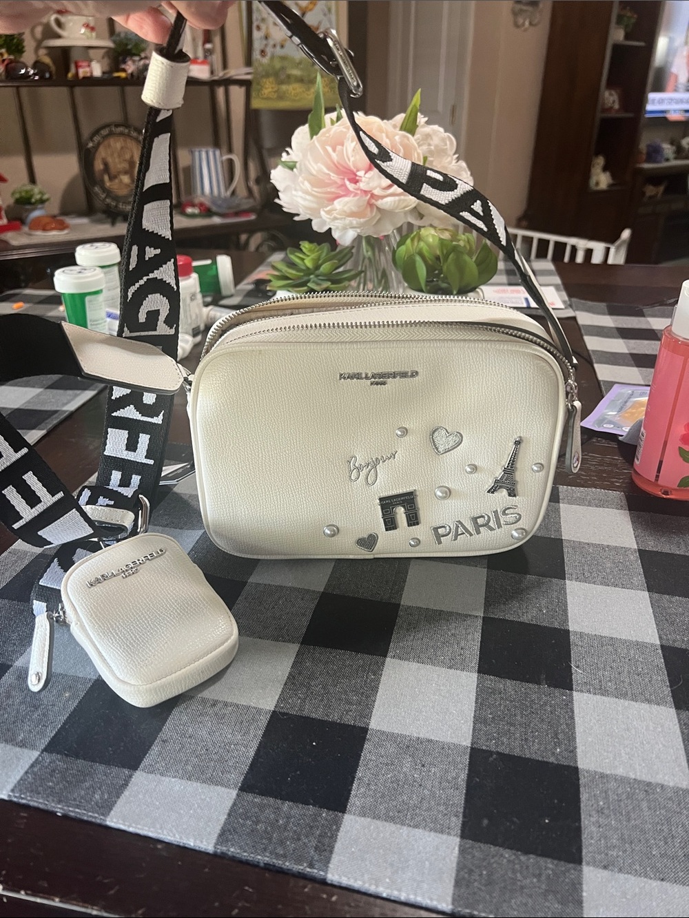 New Karl Lagerfeld White Paris Embellished Crossbody with Branded Strap